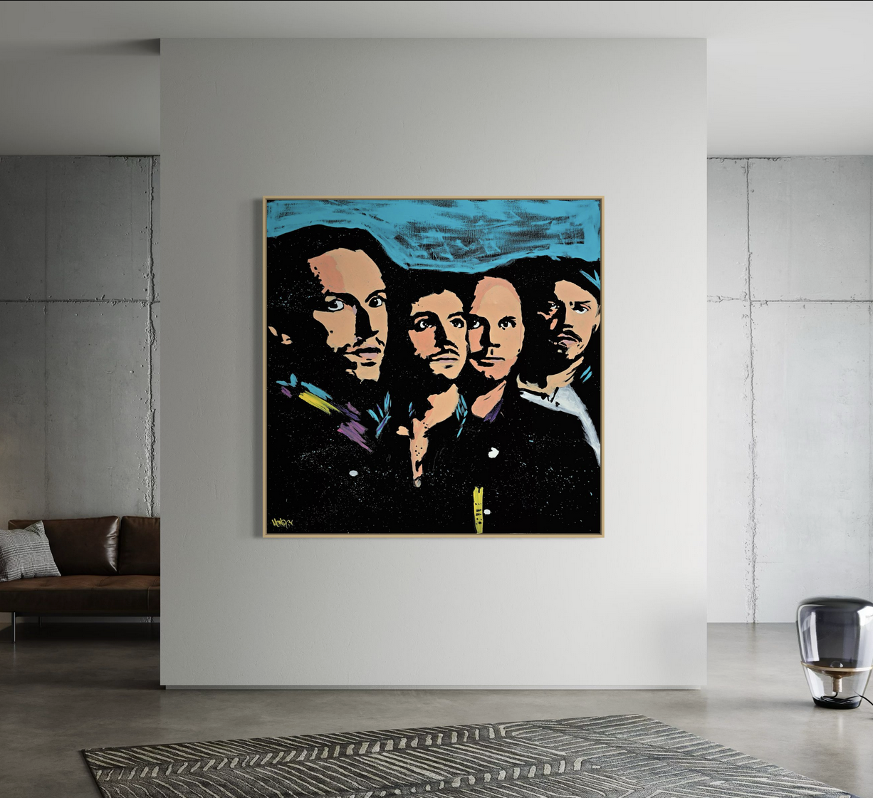 Henrix original artwork featuring Coldplay band members, painted in tones of blue, black, and peach.